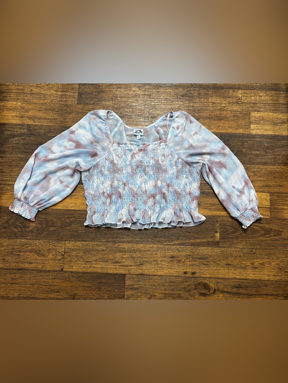Smocked Pastel Blue & Mauve Crop Top with Puff Sleeves